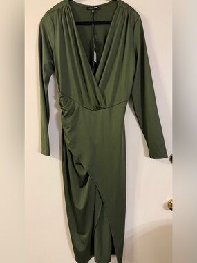 Plus Size Sexy Olive Wrap-Style Long Sleeve Midi Dress